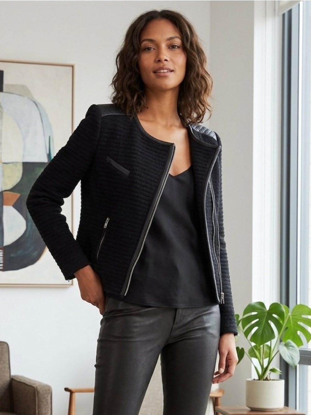 IRO Maiden Boucle Knit Moto Jacket - Black Leather Trim Edgy‎ Professional